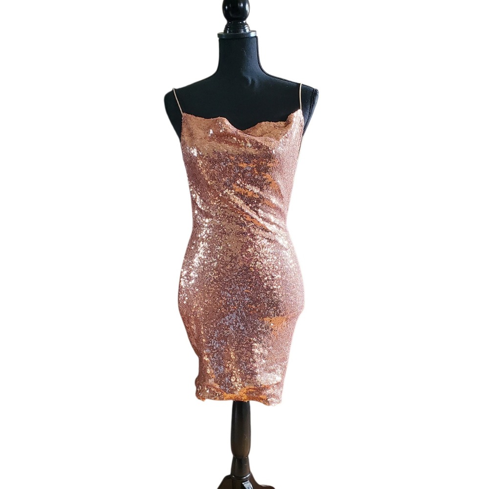 Bear Dance Rose Gold Sequin Drape  Neck Open Back Mini Bodycon Dress Small